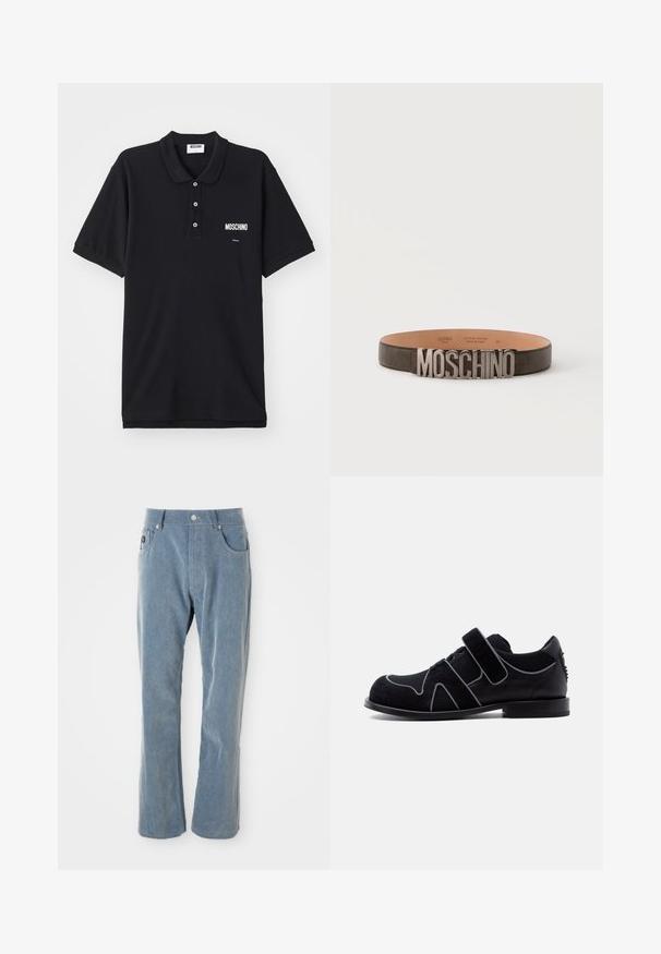 Sort polo-shirt lavet af bomuld, med en klassisk krave, tre knapper og et hvidt Moschino-logo på venstre brystområde.; Lyseblå fløjlsbukser med knap- og lynlåsåbning, forlommer og lige ben på hvid baggrund.; Sort herresko til fest med velcrolukning, snøredetalje, ruskind- og lædermaterialer samt en lav hæl mod en ensfarvet hvid baggrund.; Sort læderbælte med store sølvmetalbogstaver, der staver MOSCHINO på frontspændet, vist på en ensartet lys baggrund.