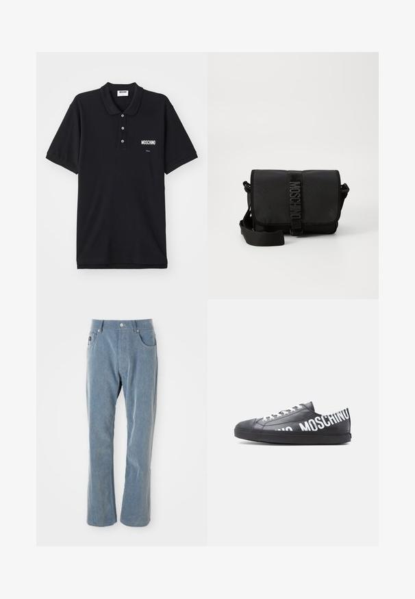 Čierna polo košeľa vyrobená z bavlny, so klasickým golierom, tromi gombíkmi a bielym logom Moschino na ľavej strane hrude.; Svetlomodré kordové nohavice s gombíkovým a zipsovým uzáverom, prednými vreckami a rovnými nohavicami na bielom pozadí.; Čierna nízka teniska s bielymi šnúrkami a nápisom „MOSCHINO“ vytlačeným veľkými bielymi písmenami po boku a na päte.; Čierna nylonová crossbody taška s chlopňou, ktorá má výrazné uzatváranie na popruh s logom, nastaviteľný popruh a detaily bočného šitia.