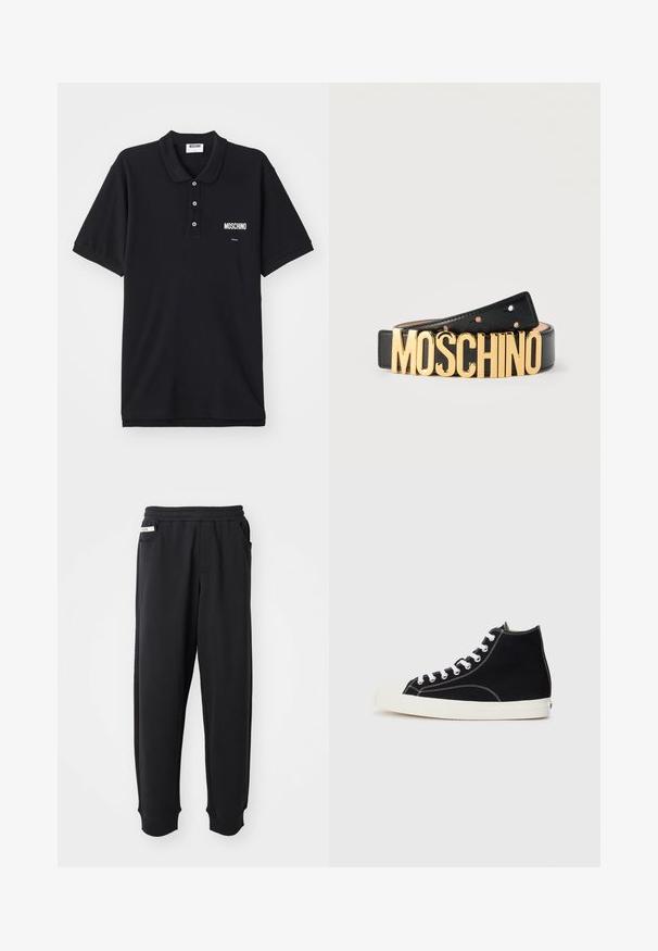 Mustmust või särk mustast puuvillast, millel on klassikaline krae, kolm nuppu ja valge Moschino logo vasakul rinnaosas.; Must have pehmed mustamisk kangast, elastse vöökoha, külgtaskute ja soonikkinnastega pahkluude juures. Minimalistlik disain.; Must-have mustakate ketsid mustas, valgete lipsudega, millel on kummine varbaosa ja kontrastsed valged õmblused.; Mustast nahast vöö, mille luku asemel on suured kuldsed tähed, mis moodustavad sõna "MOSCHINO", asetatud tasapinnale ühtlase tausta peale.