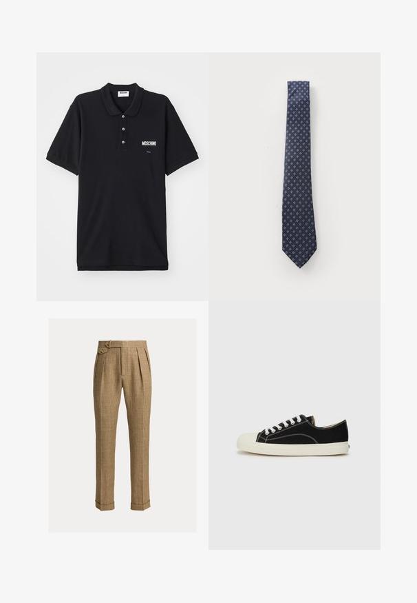 Čierna polo košeľa vyrobená z bavlny, so klasickým golierom, tromi gombíkmi a bielym logom Moschino na ľavej strane hrude.; Hnedé kárované nohavice s vysokým pásom, záhybmi, bočnými vreckami, zapínaným bočným remienkom, manžetami a upravenými rovnými nohavicami.; Čierne plátenné tenisky s bielym šitím, zaobleným gumovým špičkou a bielymi šnúrkami. Majú textilný vrch a béžovú podrážku.; Námornícky kravata s geometrickým vzorom malých bielych diamantov. Vyrobená z textúrovanej tkaniny, so strednou šírkou a špicatým koncom.