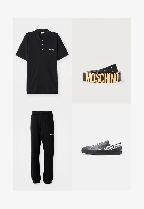 Sort polo-shirt lavet af bomuld, med en klassisk krave, tre knapper og et hvidt Moschino-logo på venstre brystområde.; Sorte sweatpants med en afslappet pasform, lavet af blødt stof. Har en elastisk talje og hvidt "Moschino" logo på venstre lår.; Sort lavt snøresko med hvide snørebånd og "MOSCHINO" trykt med store hvide bogstaver langs siden og på hælen.; Sort læderbælte med store guldbogstaver, der staver "MOSCHINO" som spænde, lagt fladt på en ensfarvet baggrund.