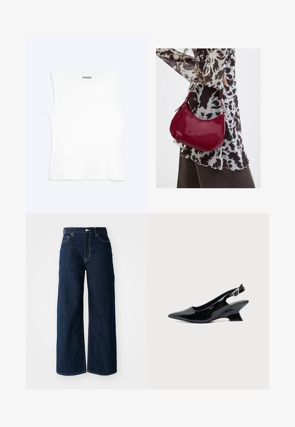 White sleeveless fitted tank top with a round neckline and minimal design, labeled "WEEKDAY" inside the collar.; Wide-leg dark blue denim jeans with contrast stitching, five-pocket design, and a button closure at the waist.; Black patent leather slingback shoe with pointed toe and low angled block heel on plain light background.; Woman wearing a black and white patterned blouse holding a glossy red shoulder handbag against a plain background.