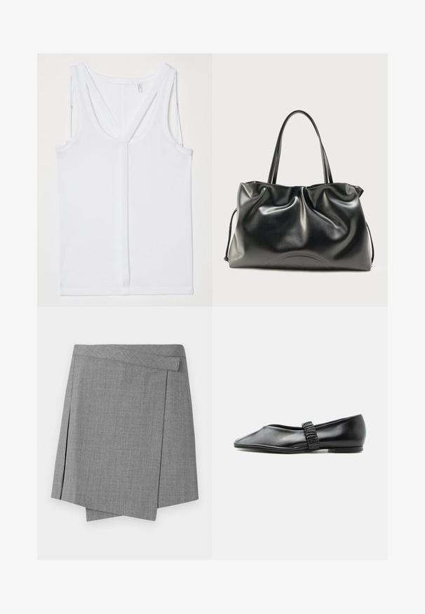 Helmut Lang STRAP RACER TANK - Débardeur - optic white; Mini-jupe grise style portefeuille avec ourlet asymétrique et texture subtile, dotée d'un détail de ceinture dissimulée.; Chaussure plate en cuir noir avec une bride froncée sur le dessus et un bout légèrement pointu, présentée sur un fond uni.; Sac fourre-tout en cuir noir brillant avec deux bretelles d'épaule et une texture légèrement froissée, présenté sur un fond clair uni.