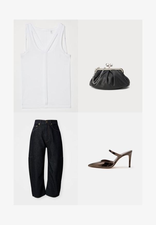 Helmut Lang STRAP RACER TANK - Débardeur - optic white; Jean en denim foncé à coupe décontractée, avec des coutures orange discrètes, des poches avant et une taille plate avec une fermeture à bouton.; Mule à talon haut marron foncé brillant à bout pointu avec une fine bride sur le coup de pied sur fond blanc uni.; Porte-monnaie en cuir noir avec texture froncée, cadre en métal argenté, fermeture à verrouillage kiss-lock et bandoulière en chaîne. Surface lisse et douce.