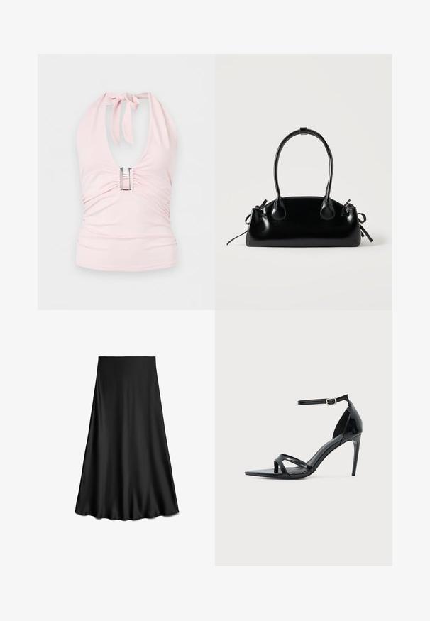 Haut dos-nu rose clair avec un décolleté en V profond, noué au cou, avec une boucle rectangulaire argentée sur la poitrine et des fronces sur les côtés.; Jupe noire en satin coupe trapèze avec une texture lisse et un ourlet fluide, longueur genou, présentée sur fond blanc.; Sandale à talon haut en cuir verni noir avec fine bride à la cheville, bout ouvert et design minimaliste sur fond clair uni.; Petit sac à main noir brillant avec deux longues anses et des détails à cordon sur les côtés sur un fond clair uni.