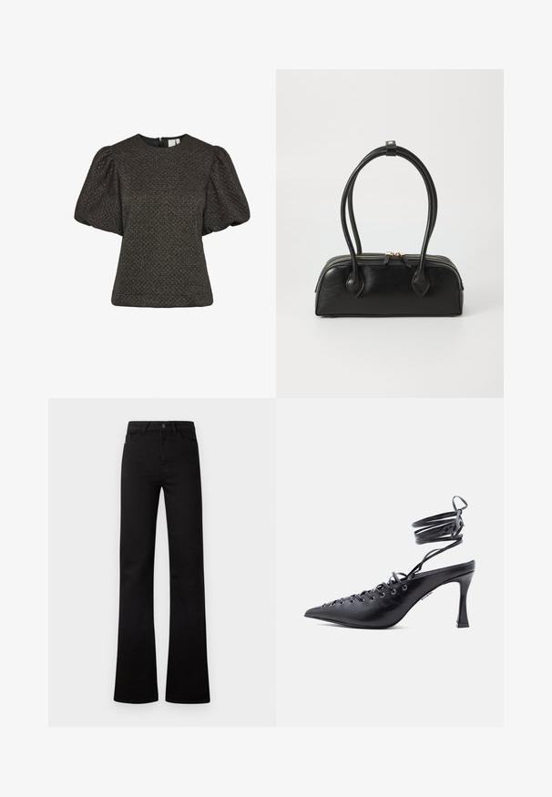Korte zwarte textuur top met opgeblazen korte mouwen en een ronde halslijn, met een ritssluiting aan de achterkant.; Zwarte high-waist jeans met rechte pijpen, voorzakken, riemlussen, een knoopsluiting en licht uitlopende zoom op een witte achtergrond.; Zwarte pumps met puntige neus, hoge hak, en een enkelbandje dat om de enkel wikkelt, voorzien van meerdere oogjes voor veters aan de voorkant.; Zwarte leren handtas met twee verlengde handvatten, ritsluiting en ronde vorm; gladde textuur met subtiele glanzende afwerking.