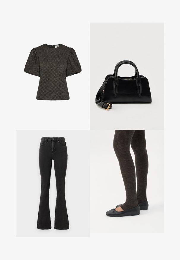 Kort sort tekstureret top med puffede korte ærmer og rund halsudskæring, med en lynlås i ryggen.; Sorte højtaljede flare jeans med frontknap- og lynlåslukning, for- og baglommer samt lige syede kanter.; Ben iført mørke ribbede leggings kombineret med sorte balletsko med små sløjfedetaljer på hvid baggrund.; Sort læderhåndtaske med dobbelt håndtag og aftagelig skulderrem med guldlås, sat mod en ensfarvet hvid baggrund.