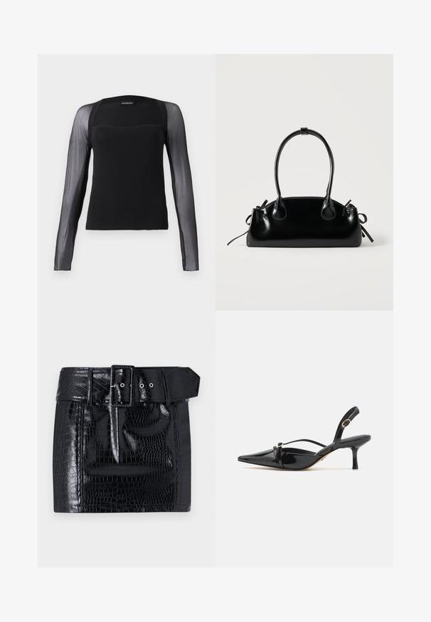 Sort langærmet top med en ensfarvet bodice og gennemsigtige sorte meshærmer. Har en kvadratisk halsudskæring og en glat tekstur.; Sort faux læder mini nederdel med krokodillemønster, bredt bælte med firkantet spænde og trykknapdetalje i taljen.; ALDO MARIETTA PILLOW WALK - Pumps - black; Lille sort blank håndtaske med to lange håndtag og snøre-detaljer i siden på en ensfarvet lys baggrund.