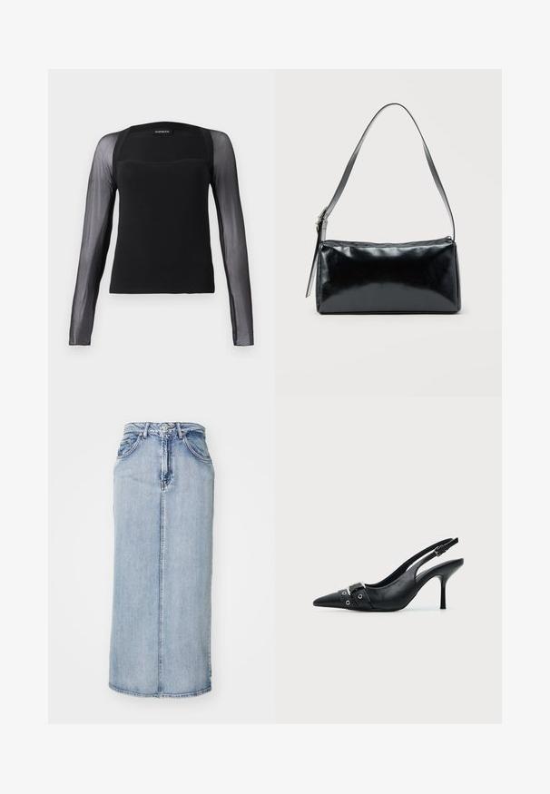 Sort langærmet top med en ensfarvet bodice og gennemsigtige sorte meshærmer. Har en kvadratisk halsudskæring og en glat tekstur.; Lyseblå denim midi-nederdel med en tætsiddende talje, forstænk og sidelommer; har en let falmet tekstur.; Sort læder højhælet sko med spidst tåparti, slingback og rem med spænde og nitter foran.; Sort rektangulær skuldertaske med en enkelt justerbar rem og lynlås i toppen på en ensfarvet baggrund.