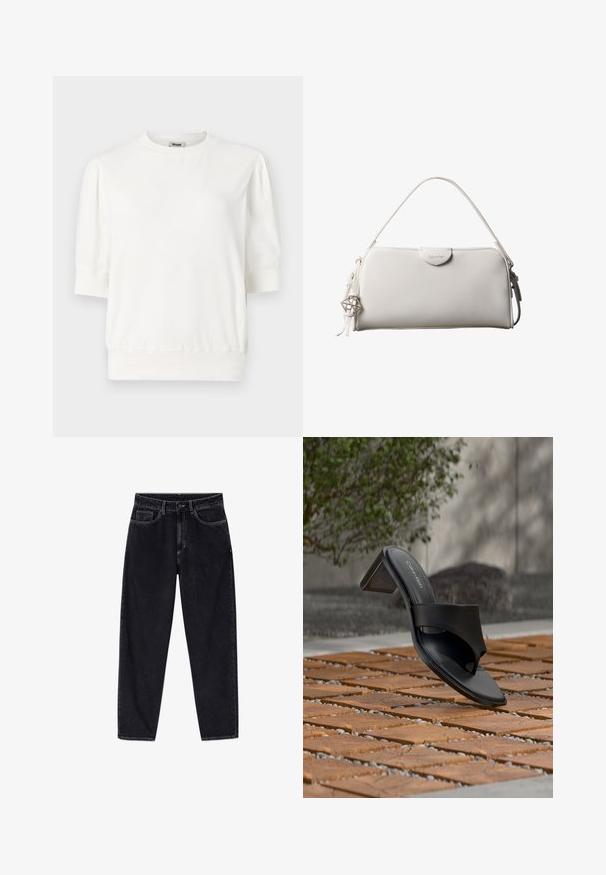 Haut en pullover blanc à manches courtes avec un col rond, des manches froncées et une taille ajustée. Fabriqué en tissu doux.; Jean noir taille haute à jambe droite avec bouton frontal, fermeture éclair, passants de ceinture et cinq poches, présenté sur un fond blanc.; Sandale à talon noire Calvin Klein avec boucle pour l’orteil, posée sur un sol en carreaux de bois en extérieur, près d’un arbre et d’un mur en pierre.; Sac à main rectangulaire blanc Calvin Klein avec une seule poignée, design minimaliste et pampilles décoratives avec un charm métallique géométrique sur le côté.