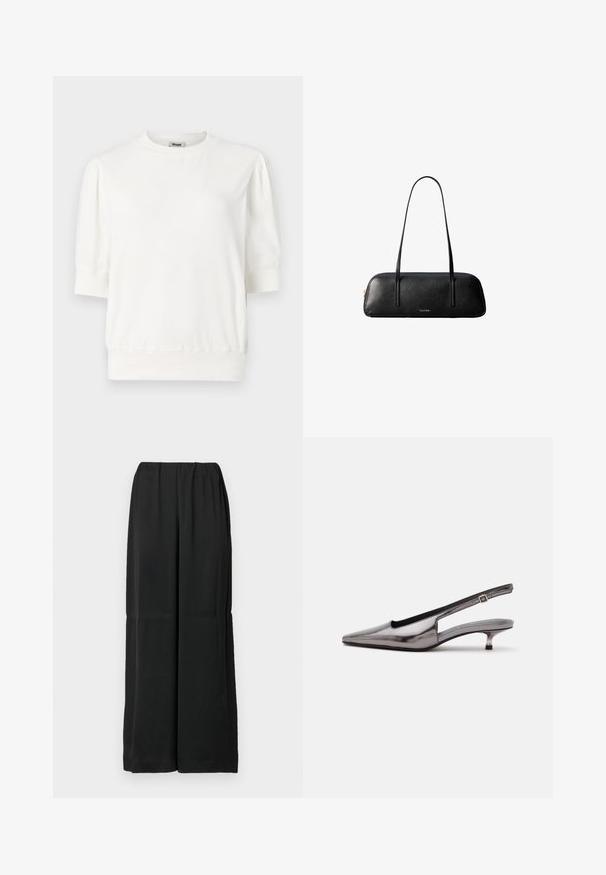 Haut en pullover blanc à manches courtes avec un col rond, des manches froncées et une taille ajustée. Fabriqué en tissu doux.; Pantalon noir à jambes larges en tissu doux, avec une taille élastique et un design épuré et minimaliste. Sans poches ni ornements.; Chaussure slingback gris métallique à bout pointu, petit talon kitten et bride réglable sur fond blanc.; Sac à main rectangulaire en cuir noir avec de longues lanières fines et un logo doré "Calvin Klein" au centre avant.
