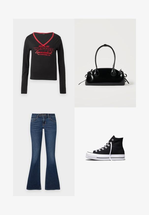 Sort langærmet skjorte med V-hals, rød kant ved halsudskæringen og fed rød trykt tekst med teksten "REPLAY CUSTOM Specialist Allentown, PA."; Flared jeans i mørkeblå denim med et klassisk fem-lomme-design, kontrastsyninger og lynlås med knaplukning.; Sort high-top canvas sneaker med hvid gummisål og hvide snørebånd, vist fra siden mod en hvid baggrund.; Lille sort blank håndtaske med to lange håndtag og snøre-detaljer i siden på en ensfarvet lys baggrund.