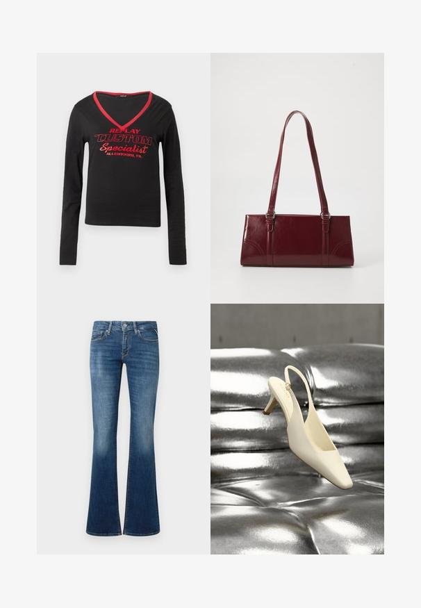 Sort langærmet skjorte med V-hals, rød kant ved halsudskæringen og fed rød trykt tekst med teksten "REPLAY CUSTOM Specialist Allentown, PA."; Flared jeans i mørkeblåt denim, med knaplukning, frontlommer og en falmet tekstur mod knæene for en gradvis farveovergang.; Kremfarvet slingback kitten heel sko med firkantet tå hviler på en skinnende sølv tuftet læderoverflade.; Bordeaux håndtaske lavet af glansfuldt materiale, rektangulær form, med to skulderremme og subtile buede detaljer på forsiden.