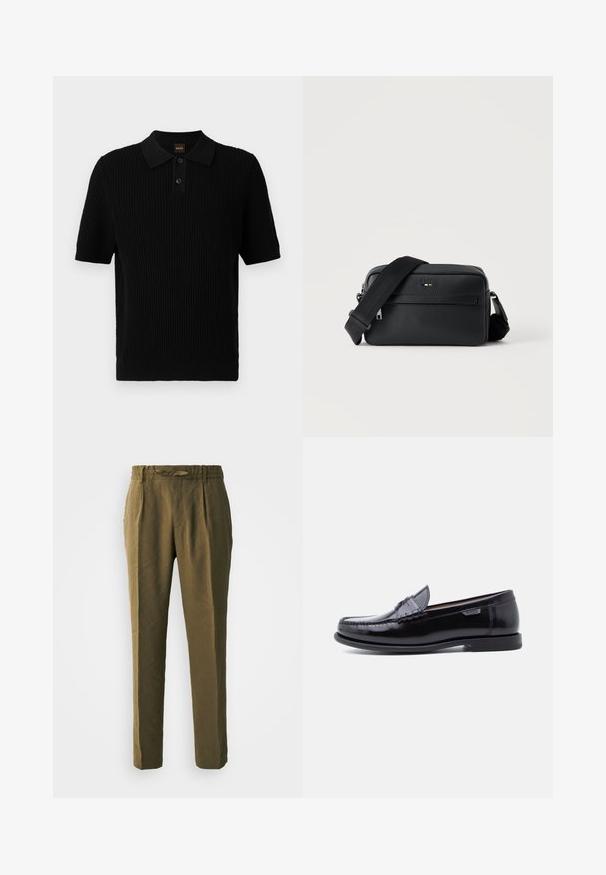 Polo negro de manga corta con textura acanalada, botonera de tres botones y cuello clásico. Presenta el logotipo de BOSS en color naranja.; Pantalones verde oliva hechos de material suave, con un corte holgado, frente plisado y una cinturilla elástica con un cordón a juego.; Mocasines de cuero negro con acabado brillante, que presentan un diseño cosido en la puntera y una suela baja de goma negra texturizada.; Bolso bandolera negro de cuero texturizado con bolsillo frontal con cremallera y correa de hombro ancha de tela ajustable sobre fondo blanco.