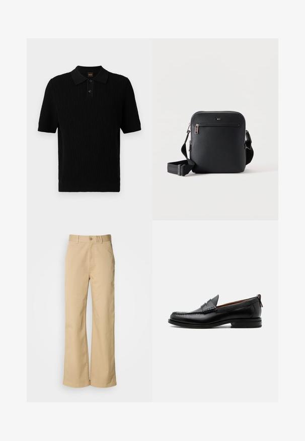 Polo negro de manga corta con textura acanalada, botonera de tres botones y cuello clásico. Presenta el logotipo de BOSS en color naranja.; Pantalones beige de pierna ancha, hechos de una mezcla de algodón. Presentan un cierre de botón y trabillas para cinturón. Textura suave, con detalles de costura mínimos.; Mocasín de hombre de piel negra con costura moc toe, tira penny, cuello texturizado y tacón bajo apilado sobre fondo blanco.; Bolso bandolera de cuero negro con bolsillo delantero con cremallera y correa ajustable sobre un fondo blanco liso.