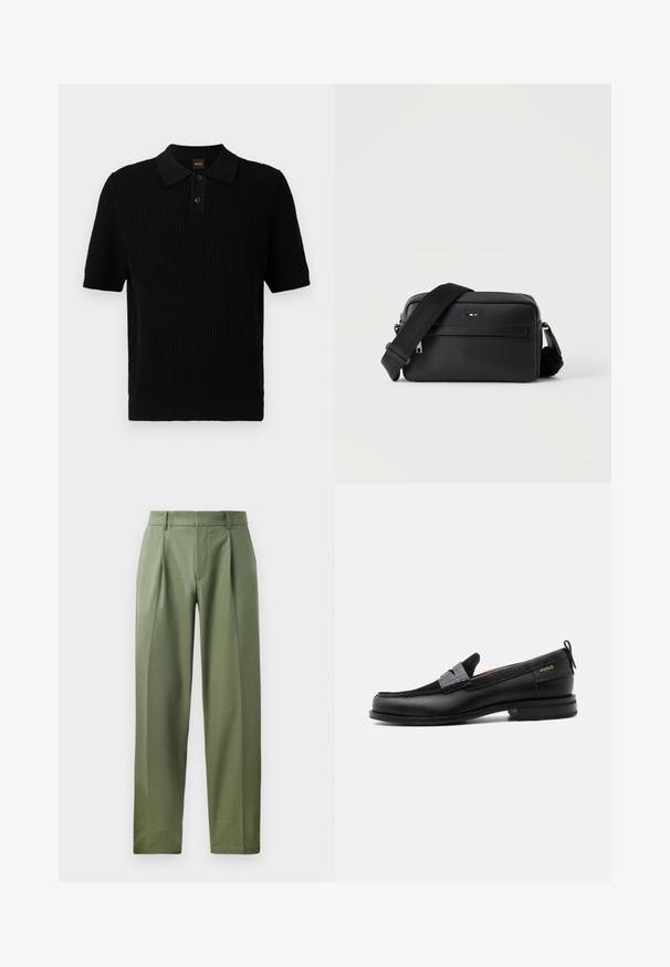 Schwarzes Poloshirt mit kurzen Ärmeln, geripptem Material, Drei-Knopf-Leiste und klassischem Kragen. Mit BOSS-Branding in Orange.; Maßgeschneiderte Hose aus olivgrünem Stoff mit glatter Textur, ausgestattet mit zwei vorderen Falten, Gürtelschlaufen und geradem Bein.; Schwarzer Lederloafer mit grauem Riemendetail, niedrigem Absatz und strukturierter Sohle, seitlich mit „HUGO“ in Gold gebrandmarkt.; Schwarze, strukturierte Leder-Crossbody-Tasche mit vorderer Reißverschlusstasche und verstellbarem breitem Stoff-Schulterriemen auf weißem Hintergrund.
