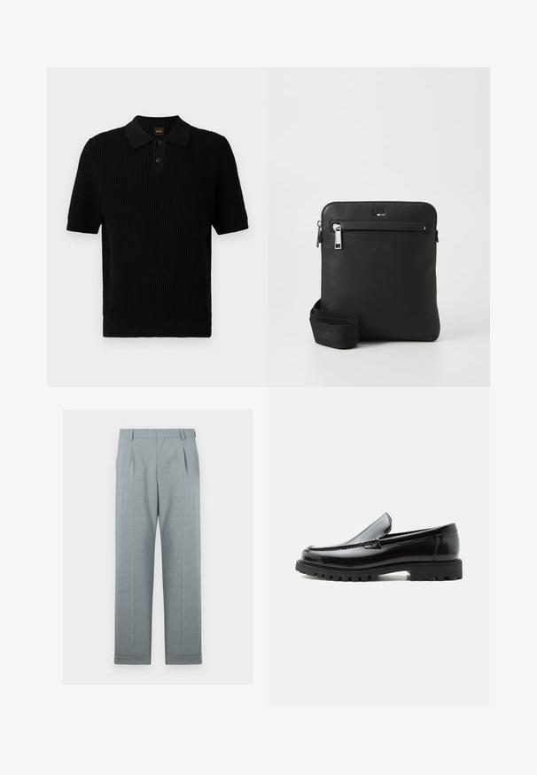 Zwart poloshirt met korte mouwen en een ribbeltextuur, een drievoudige knoopsluiting en een klassieke kraag. Voorzien van BOSS-logo in oranje.; Lichtgrijze broek van een textuurstof met een recht model, enkele plooien en omgeslagen broekspijpen. Minimalistische en op maat gemaakte uitstraling.; Zwarte leren loafer met dikke rubberen zool, gestikte bovenkant en gegraveerde merknaam op de hiel, zijaanzicht op witte achtergrond.; Zwarte leren crossbodytas met een plat ontwerp, een gestructureerd oppervlak, ritssluiting, voorvak en een verstelbare stoffen riem.