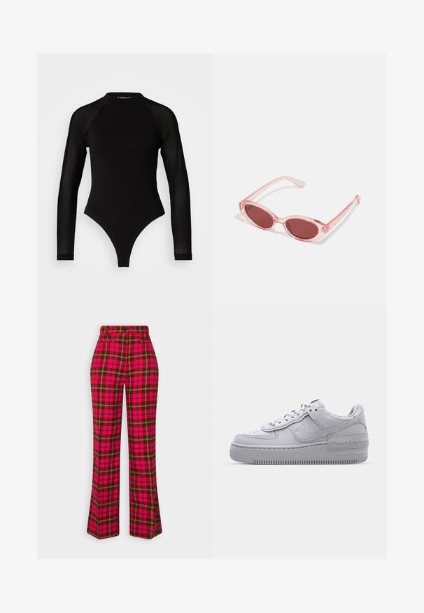 Bodysuit noir à manches longues avec col haut, doté d'un tissu solide sur le torse et de manches en maille transparente, conçu dans une coupe ajustée.; Monki Pantalon classique - red; Basket en cuir lisse gris Nike Air Force 1 avec un bout perforé, une semelle épaisse et un détail 'AIR' en relief sur le talon.; Lunettes de soleil transparentes roses avec des verres ovales, teintés d'un rouge foncé, et des branches fines, présentant une finition lisse et des détails subtils sur la monture.