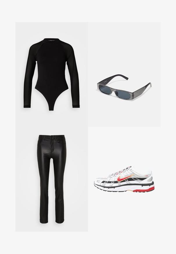 Bodysuit noir à manches longues avec col haut, doté d'un tissu solide sur le torse et de manches en maille transparente, conçu dans une coupe ajustée.; ONLY ONLROYAL PANT - Pantalon classique - black; Chaussures de sport blanches et noires avec des accents rouges et dorés. Elles possèdent une tige en mesh, une semelle rembourrée et un design de laçage sécurisé.; Lunettes de soleil noires avec des verres gris, ornées d'un motif en grille de petits rhinestones métalliques le long des montures. Fini lisse, design angulaire.
