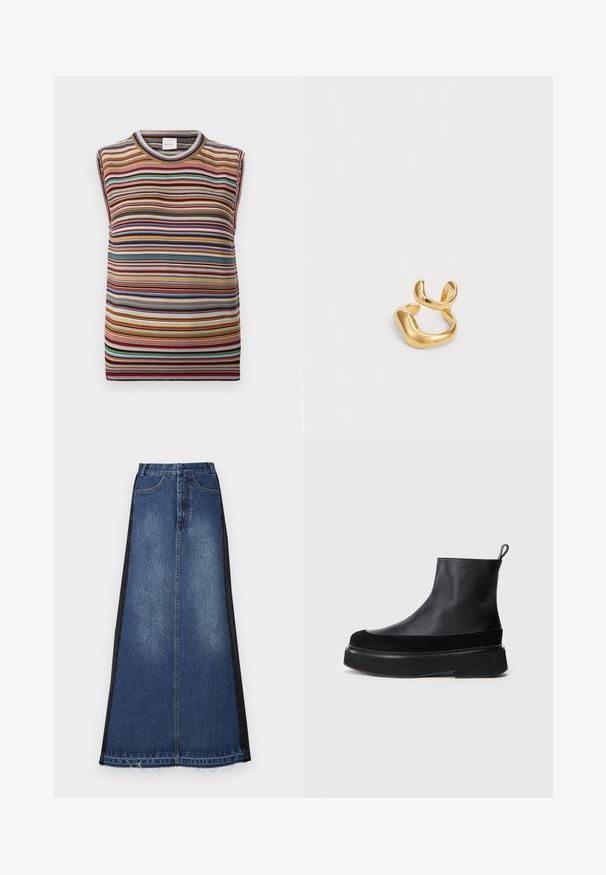 Haut sans manches en maille avec des rayures horizontales multicolores en rouge, orange, jaune, bleu, vert, marron et blanc, avec un col rond.; Jupe maxi en denim avec un corps principal bleu et des panneaux latéraux noirs, une coupe droite, un ourlet effiloché et un design classique à cinq poches.; Bottines en cuir noir avec une semelle épaisse et un tirant à l'arrière sur fond blanc.; Bague en or arborant un design fluide et organique avec deux bandes incurvées se chevauchant. Texture lisse et brillante avec une finition polie.