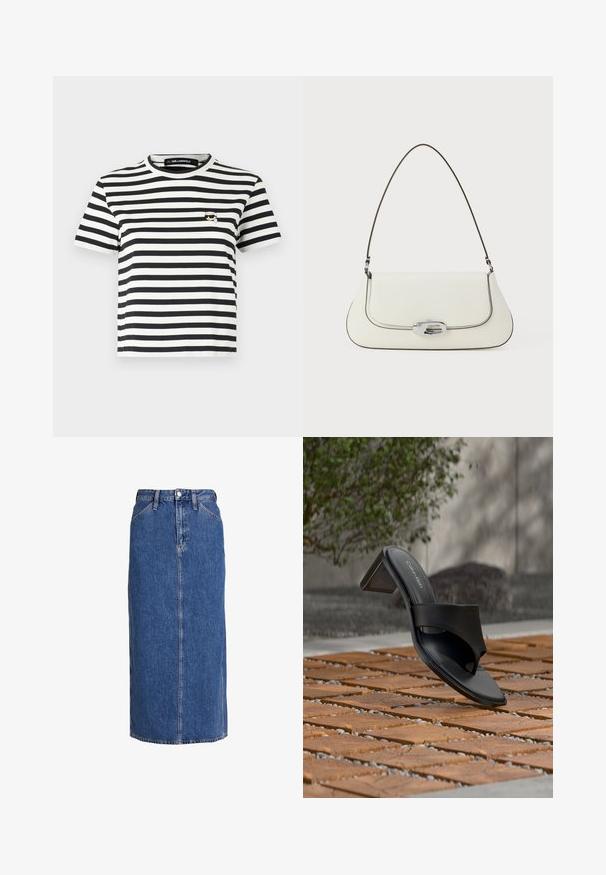 Lyhythihainen mustavalkoraidallinen t-paita, jossa on pyöreä pääntie ja pieni brodeerattu logo vasemmassa rinnassa.; Denim midi-hame keskitummassa sinisessä, suoralinjaisella leikkauksella, edestä nappikiinnitys, kaksi sivutaskua ja näkyvät saumat tekstuurin luomiseksi.; Musta Calvin Kleinin korkokengäsandaali varvassilmukalla, puisella laattalattialla ulkona, lähellä puuta ja kiviseinää.; Valkoinen nahkalaukku, jossa on kaareva muotoilu, kontrastivärinen musta ompelu ja hopeinen kiinnityskohde, jossa on Calvin Kleinin logo.