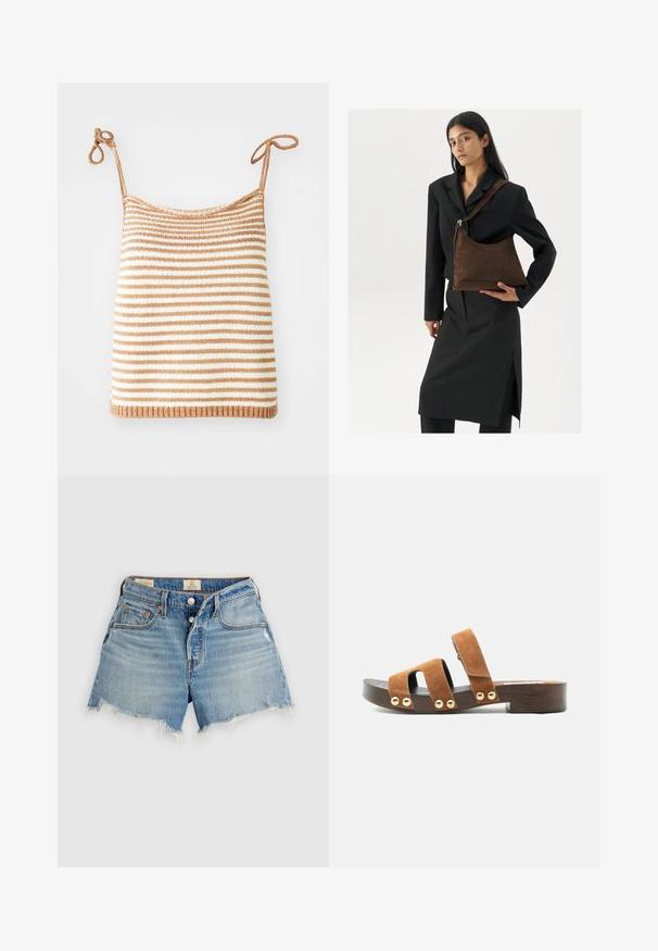 Gestreiftes Strickoberteil mit verstellbaren Bindebändern, das abwechselnd braune und weiße horizontale Streifen aufweist, eine eng-anliegende Passform hat und einen gerippten Saum besitzt.; Hellblaue High-Waist-Jeansshorts mit ausgefransten Säumen, Knopfleiste und Fronttaschen vor einem schlichten hellen Hintergrund.; Brauner Wildleder-Pantoletten-Sandalette mit offenem Zehenbereich, niedrigem Blockabsatz aus Holz, zwei horizontalen Riemen und einem Knöchelriemen mit goldenen Nieten.; Frau trägt ein schwarzes Blazer und einen Rock, hält eine große dunkelbraune Wildleder-Umhängetasche vor einem weißen Hintergrund.