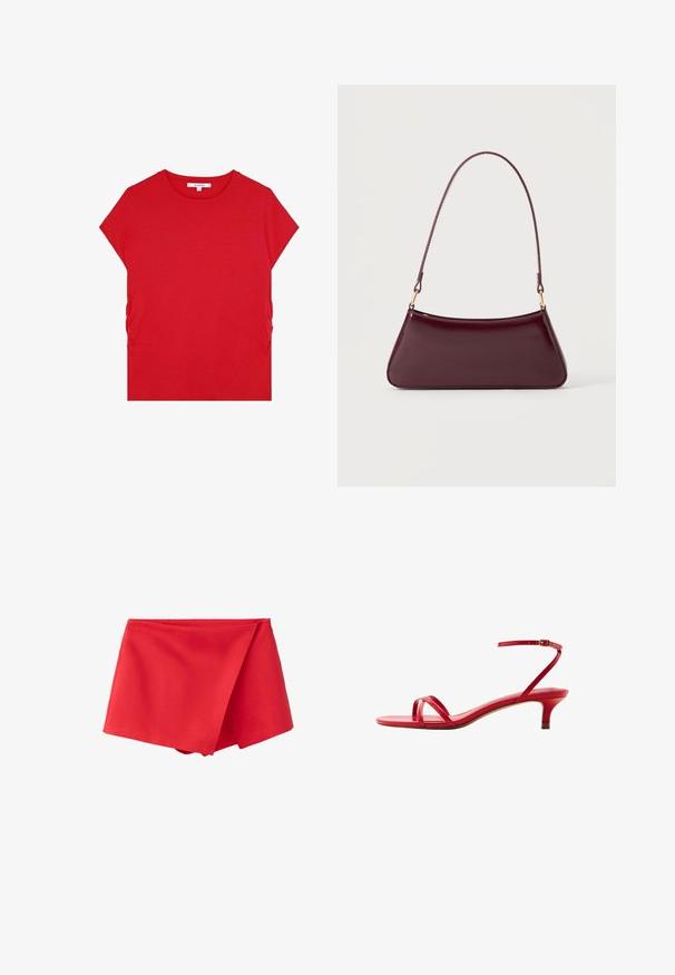 T-shirt en coton rouge à manches courtes, décolleté rond et détails froncés sur les côtés, présentant une texture lisse et un design minimaliste.; Mini-jupe rouge taille haute à effet portefeuille avec un ourlet asymétrique et une fermeture éclair latérale invisible.; Sandale en cuir rouge à talon bas avec fines lanières sur les orteils et une bride de cheville avec boucle, vue de côté sur fond blanc.; Sac à main brillant bordeaux foncé avec une anse fine unique et une forme trapézoïdale élégante sur un fond clair uni.