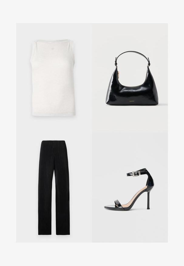 Haut sans manches gris clair en tissu doux, présentant un design simple avec un décolleté rond et des détails de couture subtils sur les épaules.; Pantalon noir taille haute à jambes larges avec des plis verticaux subtils, présenté à plat sur un fond gris clair.; Sandale à talon haut en cuir verni noir avec bride à la cheville. Présente un design minimaliste, un bout ouvert et une boucle ornée de strass.; Sac à main Calvin Klein noir brillant avec fermeture éclair dorée et anse courte sur fond blanc uni.