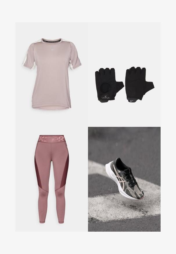 ASICS FUJITRAIL ELITE TOP - Sport T-shirt - rainstorm grey/cream; Roze sportlegging met een hoge tailleband met "NIKE PRO" in glanzende letters. De zijpanelen hebben een textuur van mesh ontwerp.; Zwarte en grijze hardloopschoen met een gestructureerde bovenkant, voorzien van een vetersluiting en een witte zool. Accenten met reflecterende details.; Zwarte vingerloze handschoenen met een gestructureerd ontwerp. Gemaakt van een ademend materiaal, met een duimopening en versterkte palm voor grip.