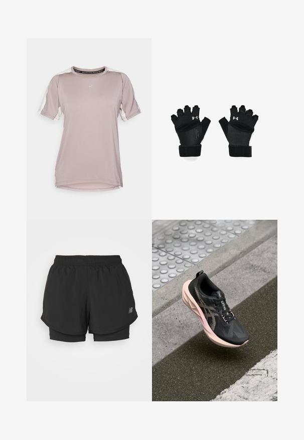 ASICS FUJITRAIL ELITE TOP - Sport T-shirt - rainstorm grey/cream; Zwarte sportshorts met een elastische tailleband, voorzien van een gelaagd ontwerp en een binnenvoering. De stof lijkt lichtgewicht en soepel te zijn.; Zwarte hardloopschoen met een gestructureerde gebreide bovenkant, roze zool en reflecterende accenten. Beschikt over platte veters en een gevoerde kraag.; Zwarte traininghandschoenen met een open vingerontwerp, versterkte stiksels, een gevoerde palm en verstelbare polsbanden. Voorzien van een zilveren logo-accent.