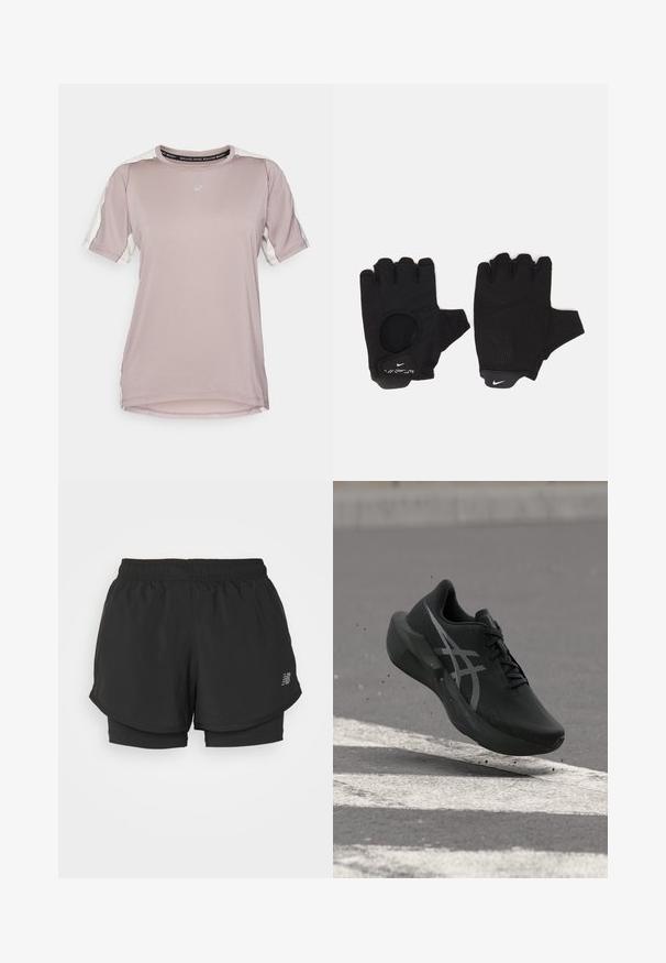 ASICS FUJITRAIL ELITE TOP - Športové tričko - rainstorm grey/cream; Čierne športové šortky s elastickým pásom, ktoré majú vrstvený dizajn a vnútornú podšívku. Materiál sa zdá byť ľahký a hladký.; Čierna bežecká obuv s bielym logom vo vzduchu nad asfaltom s bielym cestným značením a drobnými nečistotami pod ňou.; Čierne prstové rukavice bez prstov s textúrovaným dizajnom. Vyrobené z priedušného materiálu, s otvorom na palec a zosilnenou dlaňou pre lepší úchop.
