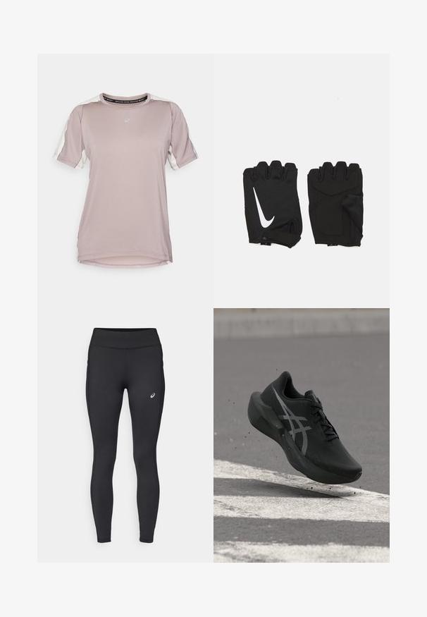 ASICS FUJITRAIL ELITE TOP - Sports T-shirts - rainstorm grey/cream; ASICS CORE WINTER - Vinter-tights - performance black; Sort løbesko med hvidt logo i luften over asfalt med hvid vejmarkering og små stykker, der er sparket op under den.; Sorte fingerløse træningshandsker lavet af åndbart stof, med et hvidt Nike-logo, polstrede håndflader og et åbent håndledsdesign for fleksibilitet.