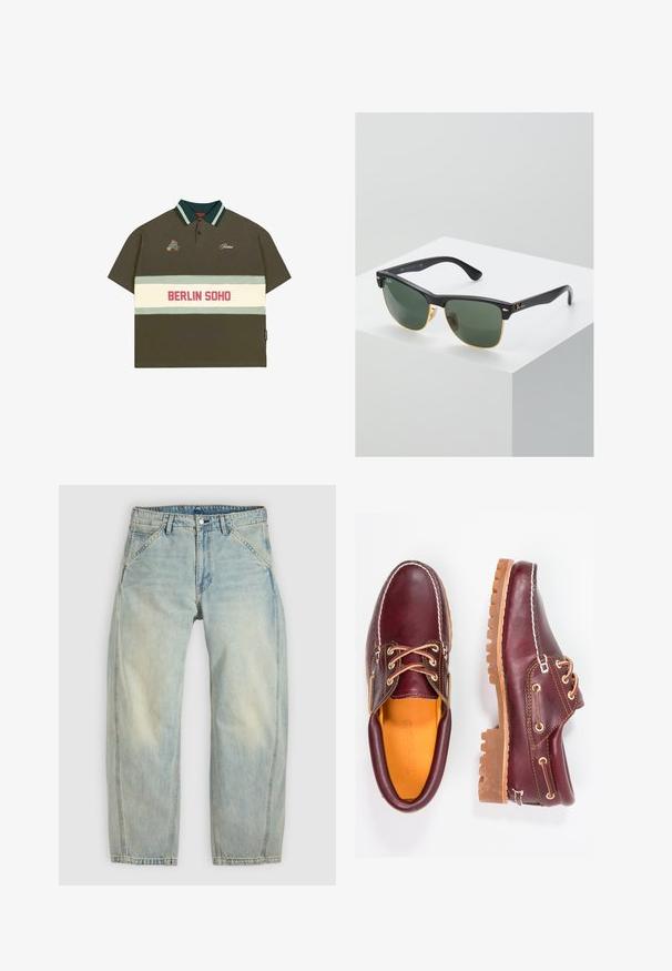 Oliven grøn poloshirt med korte ærmer, stribet krave i grøn og lyseblå, med et hvidt bånd med "BERLIN SOHO" i rød.; Lys blå jeans med vide ben lavet af denim. Har fem lommer, en knaplukning og falmede områder for et brugt udseende.; Bordeaux lædersko med brune gummisåler, rund tå, hvid syning og gyldne snøringer. Indersiden har et gult for.; Ray-Ban solbriller med grønne linser, sorte plastikstel og gyldne detaljer ved kanterne. Firkantet form med mat finish.