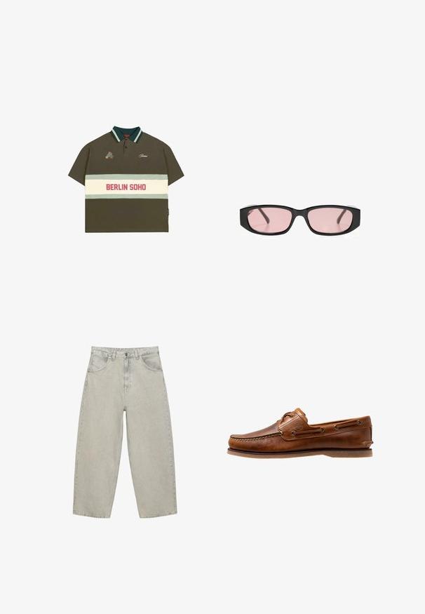 Olijfgroene polo met korte mouwen, gestreepte kraag in groen en lichtblauw, met een witte band waarop "BERLIN SOHO" in het rood staat.; Lichtgrijze denim jeans met brede pijpen, voorzakken, riemlussen en knoopsluiting, plat uitgespreid op een witte achtergrond.; Brown leren botenschoen met gestikte accenten, voorzien van metalen oogjes, een verhoogde naad op de neus en een platte rubberen zool.; Zwarte rechthoekige zonnebril met smalle roze getinte glazen die op een wit oppervlak liggen.