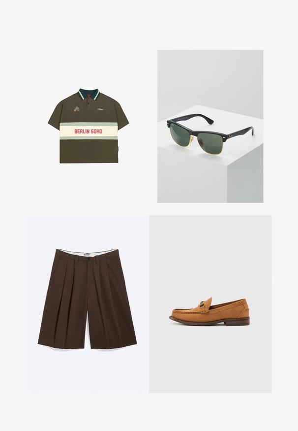Oliven grøn poloshirt med korte ærmer, stribet krave i grøn og lyseblå, med et hvidt bånd med "BERLIN SOHO" i rød.; Brune plisserede knæshorts med sidelommer, bæltestropper og knaplukning, mærket "WEEKDAY" på det indvendige linning.; Lysebrun herre loafer i ruskind med metalbitdetalje og synlig syning på moc-tåen, vist i profil mod en ensfarvet hvid baggrund.; Ray-Ban solbriller med grønne linser, sorte plastikstel og gyldne detaljer ved kanterne. Firkantet form med mat finish.