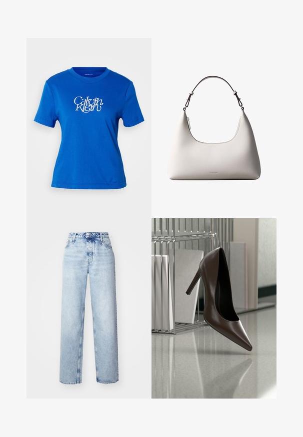 T-shirt en coton bleu avec un col ras du cou, des manches courtes et un logo "Calvin Klein" blanc imprimé sur le devant.; Jeans taille haute bleu clair avec une coupe ample, mettant en avant des jambes droites, cinq poches et une fermeture classique à boutons et zip.; Chaussure en cuir marron foncé à talon haut flottant au-dessus d'un sol réfléchissant près d'une étagère métallique avec des panneaux blancs dans une pièce.; Sac à bandoulière en cuir couleur crème de Calvin Klein avec bord supérieur incurvé, fermeture éclair argentée et sangle ajustable brun foncé.