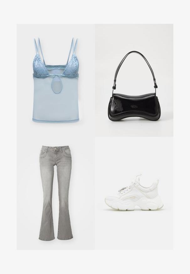 Lyseblå blonde-bh med dobbelte tynne skulderstropper og mesh-stoff under bysten, med en liten oval utskjæring i midten.; Grå flarejeans med midjehøyde, frontlommer og knapplukking, laget av denimstoff med en jevn tekstur.; Hvite, kraftige joggesko med lær- og mesh-materialer, med en tykk såle, rund tå og dekorative snørebånd. Lett strukturerte detaljer.; Svart lakkert skinnveske med en buet form, en enkelt håndtak og en avrundet bunn. Har en subtil logo detalj foran.