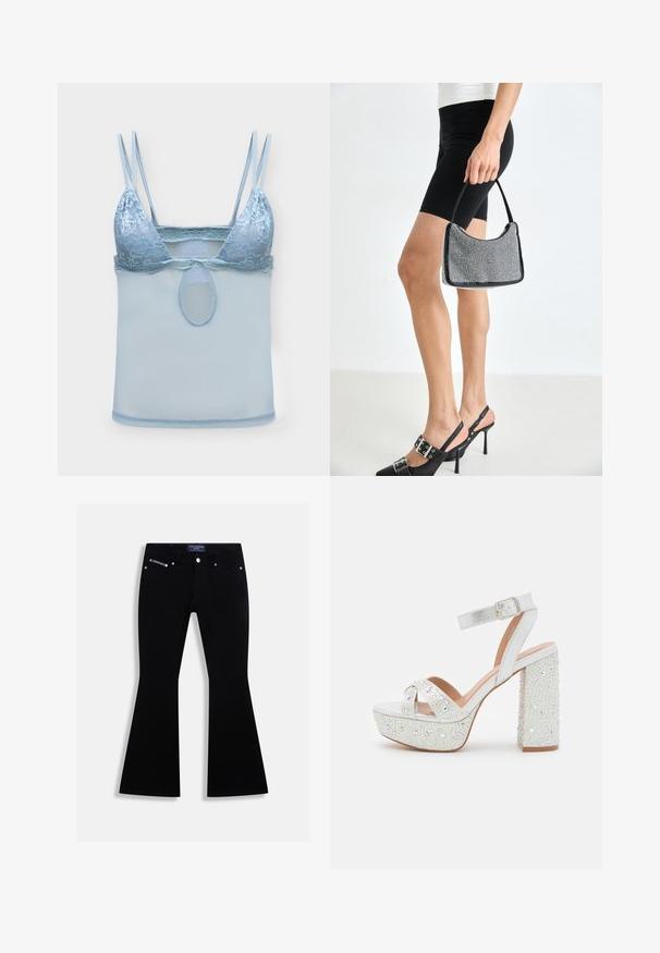 Lyseblå blonde-bh med dobbelte tynne skulderstropper og mesh-stoff under bysten, med en liten oval utskjæring i midten.; Svarte vide jeans med femlommersdesign, sølvknapp og nagler, samt en Juicy Couture-merkelapp på midjebåndet og myntlommen.; Hvite plattformsandaler med metallisk finish, med to kryssede stropper, en ankelstropp og en blokkhelt prydet med glitrende edelstener.; Svart perleveske med en buet silhuett, bærehåndtak og blank overflate. Båret med høye svarte sko og tettsittende svarte shorts.