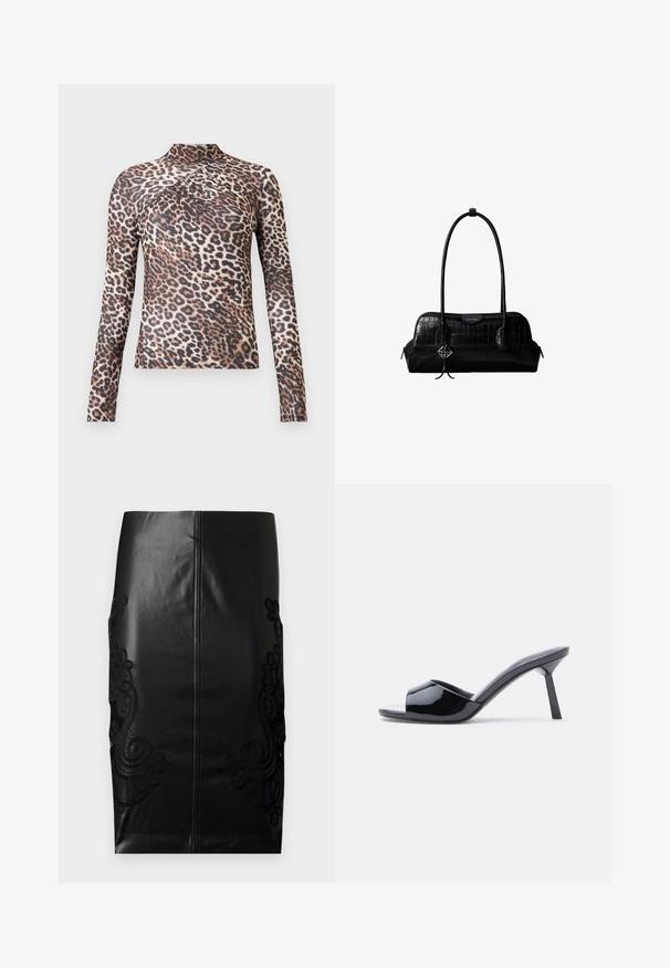 Langærmet kvindetop med høj krave, i brun og sort leopardprint med subtile plisserede detaljer over brystet.; Sorte læder blyantskørt med intrikat sort blonderbroderi på siderne, sømløs ryg og glat tekstur. Klassisk pasform og silhuet.; Sorte laklæder sandaletter med åben tå, der har et buet overdesign og en spids stilethæl. Glat, blank finish.; Sort skuldertaske i krokodillelæder med lange stropper og lille sølvlogo-charm på den ene strop.