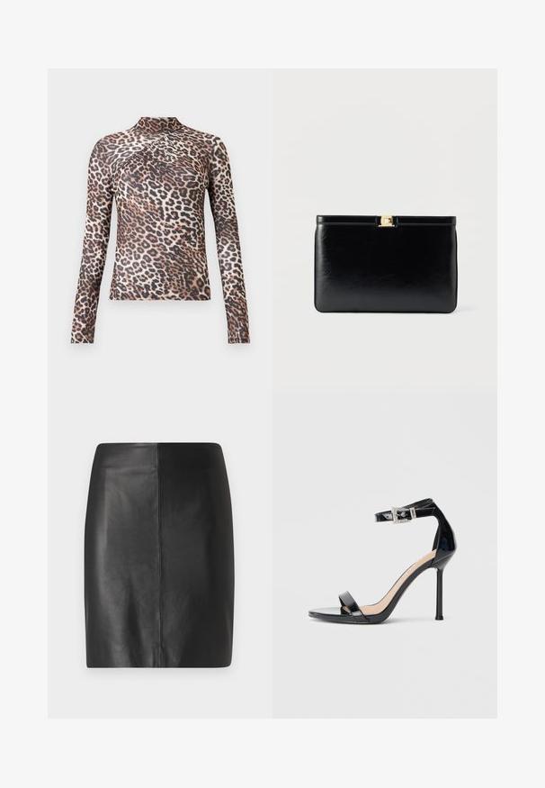 Langærmet kvindetop med høj krave, i brun og sort leopardprint med subtile plisserede detaljer over brystet.; Sort lædernederdel med en tætsiddende design og glat tekstur, der har en central søm ned fronten og en ren, minimalistisk silhuet.; Sort højhælet sandal i laklæder med ankelrem. Har minimalistisk design, åben tå og spænde med rhinsten-detaljer.; Sort læder clutch-taske i rektangulær form med en lille gylden rektangulær spænde på toppen mod en ensartet lys baggrund.