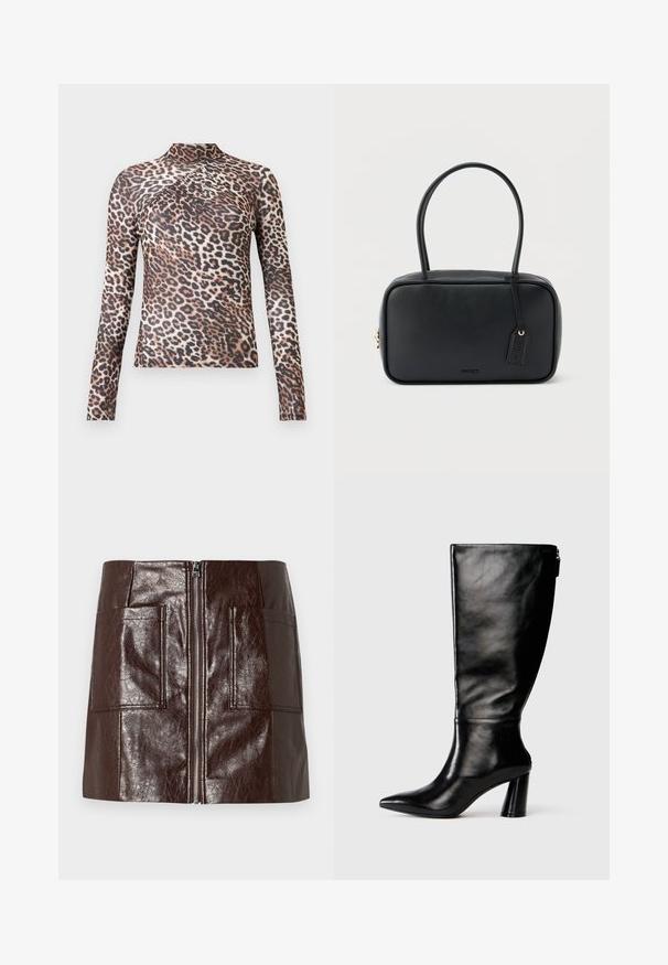 Langærmet kvindetop med høj krave, i brun og sort leopardprint med subtile plisserede detaljer over brystet.; Brun faux læder mini-skjørt med en frontlynlås, to store forlommer og en glat, blank overflade.; Knee-high sorte læderstøvle med spids tå, glat tekstur og en kraftig hæl. Har en lynlåsdetaile bagpå.; Sort rektangulær håndtaske med dobbelte runde håndtag, gylden lynlås og præget "HUGO"-logo foran med fastgjort lædermærke.