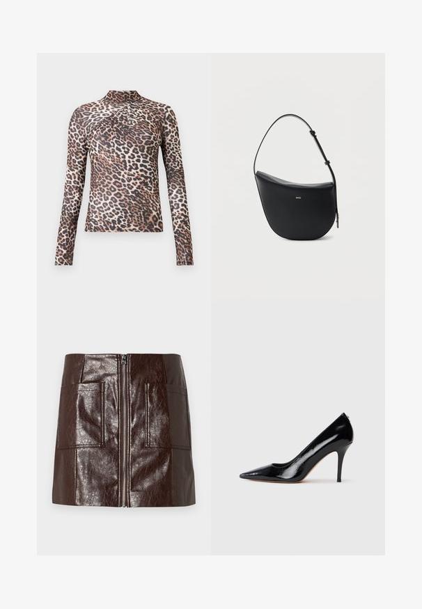 Langærmet kvindetop med høj krave, i brun og sort leopardprint med subtile plisserede detaljer over brystet.; Brun faux læder mini-skjørt med en frontlynlås, to store forlommer og en glat, blank overflade.; Sort højtaljet pumpekappe i laklæder med spids tå, der har en glat tekstur og en slank stiletthæl. Ingen synlige metaldele.; Sort halv-måne skuldertaske i læder med justerbar rem og guld "BOSS"-logo centreret foran.