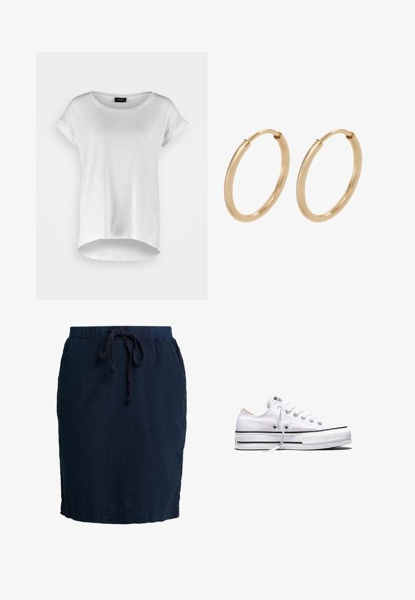 Witte T-shirt met korte mouwen en ronde halslijn, iets langere achterkant, zachte katoen stof en opgerolde mouwen. Geen zichtbare prints.; Navy blauwe rok met elastische tailleband en verstelbaar trekkoord. Gemaakt van lichtgewicht stof, met een middelmatige lengte en zijnaad.; Witte lage canvas sneaker met witte veters, zwarte strepen op de zool en een rubberen, getextureerde neuskap, zijaanzicht op een witte achtergrond.; Gouden creolen met een gladde, gepolijste afwerking. Ronde vorm, middelgrote maat, met een veilige sluitmechanisme.
