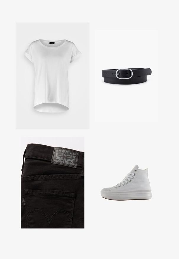Witte T-shirt met korte mouwen en ronde halslijn, iets langere achterkant, zachte katoen stof en opgerolde mouwen. Geen zichtbare prints.; Zwarte denim jeans met een gestructureerde afwerking, voorzien van een grijze leren rugpatch met logo-details, contrasterende stiksels en een klassiek zakontwerp.; Witte hoge canvas sneaker met witte veters, metalen oogjes, dikke rubberen zool en gestructureerde neuskap, naar links gericht op een witte achtergrond.; Zwarte leren riem met een gladde textuur, ovaal zilveren metalen gespsluiting en meerdere verstelgaten langs de band. Platte, minimalistische uitstraling.