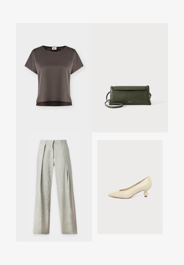 Haut court à manches courtes marron foncé avec encolure ronde et tissu lisse, présenté sur un fond clair uni.; Pantalon large taille haute en lin gris clair avec plis devant et fermeture éclair dissimulée, présenté sur fond blanc.; Escarpin couleur crème à bout pointu avec un talon bas unique en forme de bulbe sur fond blanc uni.; Sac en cuir texturé vert foncé, porté en travers du corps, avec fermeture à rabat et fine sangle réglable, embossé d'un petit logo doré "Bee Projects".