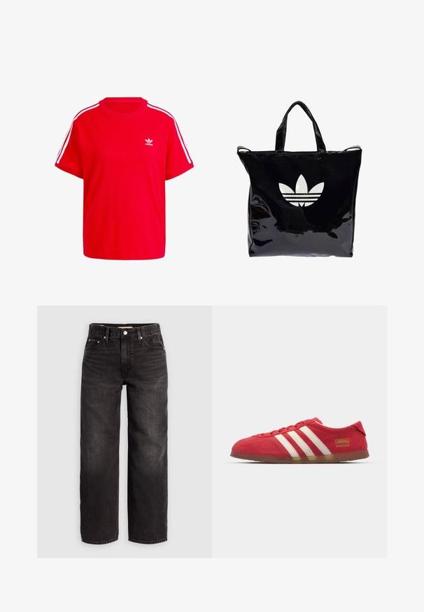 Camiseta de algodón roja con cuello redondo, mangas cortas, con acentos de tres rayas blancas en los hombros y un pequeño logo blanco en el pecho.; Levi's® BAGGY DAD - Vaqueros baggy - shrink up; Zapatilla de ante roja con diseño de tres rayas blancas, suela plana y detalle de logo dorado. Diseño bajo con punta redonda y cierre con cordones.; Bolso tote negro de charol con dos asas, que presenta un gran logo blanco de Adidas y tres franjas horizontales en la parte frontal.