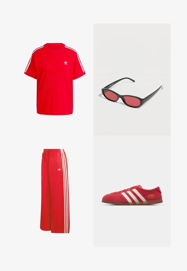T-shirt en coton rouge avec un col rond, des manches courtes, des accents blancs à trois rayures sur les épaules et un petit logo blanc sur la poitrine.; Pantalon de sport rouge en matériau léger, avec une coupe à jambes larges, une taille élastique, un cordon de serrage et trois bandes blanches de chaque côté.; Baskets en daim rouge avec un design à trois rayures blanches, semelle plate et détail logo doré. Design bas avec bout arrondi et fermeture à lacets.; Lunettes de soleil ovales noires avec des branches fines et des verres teintés rouges posées sur une surface blanche.