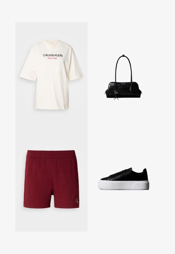 Λευκό βαμβακερό T-shirt με χαλαρή γραφή, κοντά μανίκια και εκτύπωση σε κόκκινο και μαύρο χρώμα: "CALVIN KLEIN NEW YORK" στην μπροστινή πλευρά.; Βουργουνδία αθλητικά σορτς, φτιαγμένα από ένα μαλακό μείγμα βαμβακιού, με ελαστική μέση και μια μικρή λογότυπη λεπτομέρεια στο κατώτερο στρίφωμα.; Μαύρο αθλητικό παπούτσι χαμηλού ύψους με παχύ λευκό πάτο πλατφόρμας και μαύρα κορδόνια, πλευρική όψη σε λευκό φόντο.; Calvin Klein EMBLEM TRIO - Τσάντα χειρός - black
