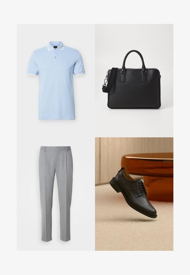 Polo à manches courtes bleu clair avec bordure blanche sur le col et les manches, patte à deux boutons et logo discret en relief sur la poitrine.; Pantalons gris sur mesure avec une texture lisse, présentant un devant plat, des jambes droites et de légères pinces pour plus de détail.; Chaussure habillée pour homme en cuir noir à lacets flottant au-dessus d'un tapis beige, avec une table basse ronde marron en arrière-plan.; Sac en cuir noir avec surface texturée, deux poignées et une bandoulière amovible. Il présente des fermetures éclair en argent et des éléments de design minimalistes.