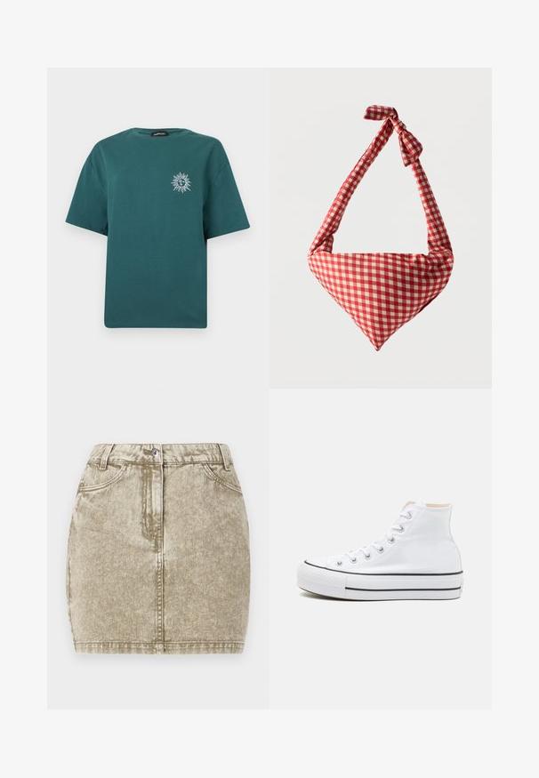 Teal short-sleeve t-shirt with a small white sun and moon graphic on the left chest and a crew neckline.; Khaki denim skirt with a textured finish, five pockets, front button closure, and stitched detailing along the edges.; White high-top sneakers with canvas material, black rubber sole, and contrasting black stripe on the midsole. Circular toe cap and lace-up design.; Soft fabric shoulder bag with red and white checkered pattern, tied knot handle, and triangular shape against a plain background.
